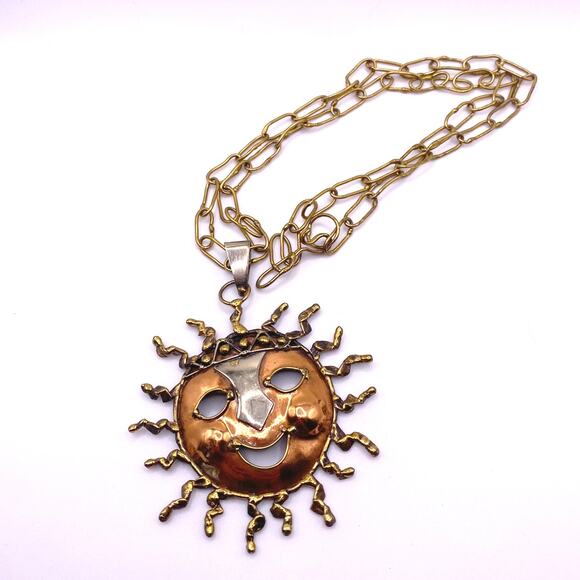 Vintage Artisan Mixed Metal Sun Pendant Necklace – 24” Handmade Smiling Design - Picture 4 of 5